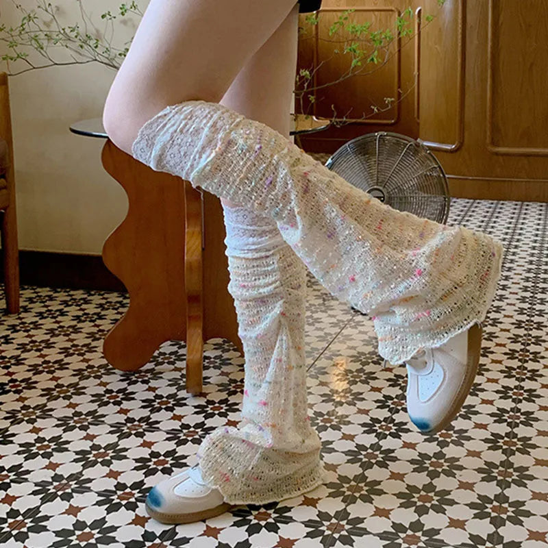 Lbsfy Y2k Rainbow Patchwork Lace Leg Socks Mesh Patchwork Wide Leg Warmers Japanese Harajuku Mid Tube Socks Sexy Flare Leg Covers