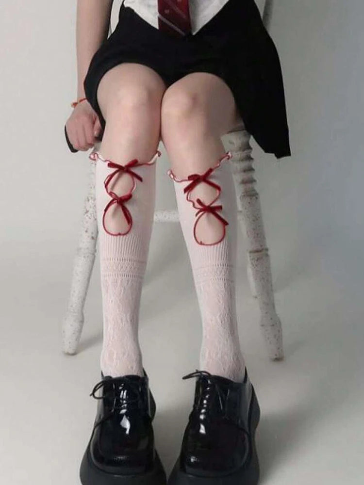 Lbsfy 1 Pair Hollow Lace Women Long Stockings Fashionable Versatile Knotted White Lolita Style Comfortable Breathable Casual Socks
