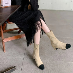 LBSFY  -  Women Genuine Leather Boots Brand Mix-Color Back Zipper Ankle Stretch Boots Lady Medium Heels Round Toe Shoes