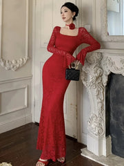 LBSFY -Elegant Tie Flowers Solid Evening Dresses Square Collar Flare Sleeve Lace Mermaid Long Dress Slim Party Vestidos Women's Clothes