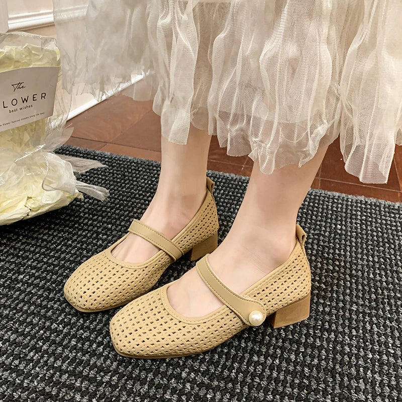 LBSFY -Spring/Summer New Style Fashionable Women's One Word Buckle Mary Janes Round Head Flat Women's Mesh Ballet Shoes Zapatos Mujer