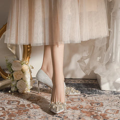 LBSFY  -  Size 32-43 Rhinestone Pearls High Heels Women's Stiletto Heel Pointed Toe Silver Wedding Shoes