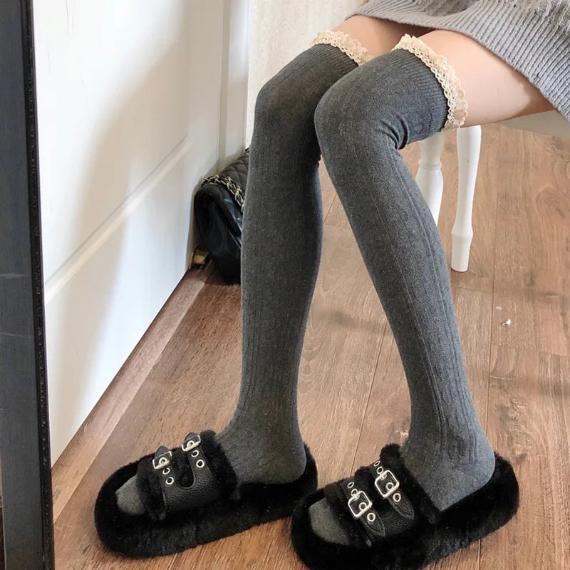 Lbsfy Socks Woman Autumn/Winter Solid Color Thigh High Lace Cute Lolita Thick Warm Stockings Black White Long Leg Socks for Women