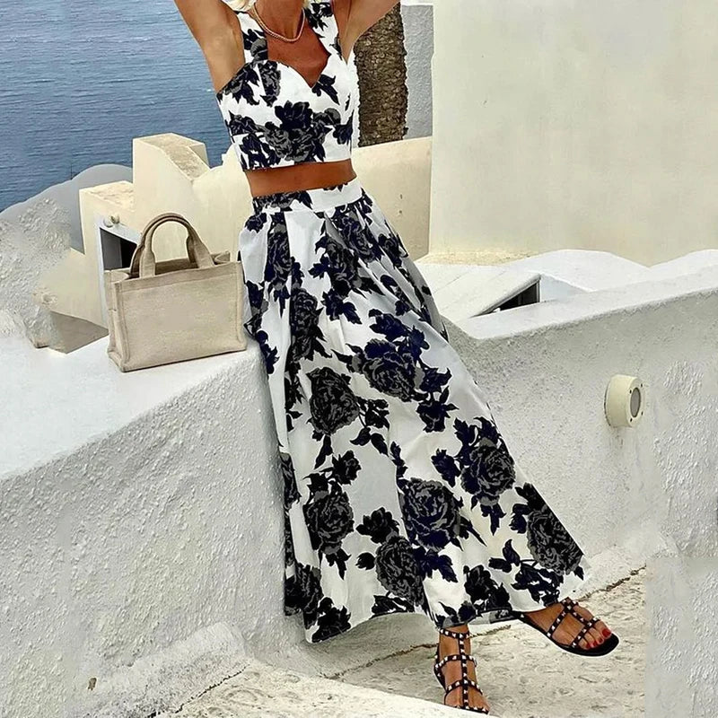 LBSFY  -   Women Two Piece Set Summer Elegant V Neck Sleeveless Backless Floral Printed Vest Top Loose Long Skirt Sets Streetwear