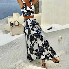 LBSFY  -   Women Two Piece Set Summer Elegant V Neck Sleeveless Backless Floral Printed Vest Top Loose Long Skirt Sets Streetwear