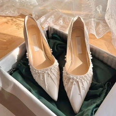 LBSFY  -  Spring and Autumn New Pointed Shallow Mouth High Heels Women's White Pleated Pearl Bridesmaid Bridesmaid Wedding Shoes