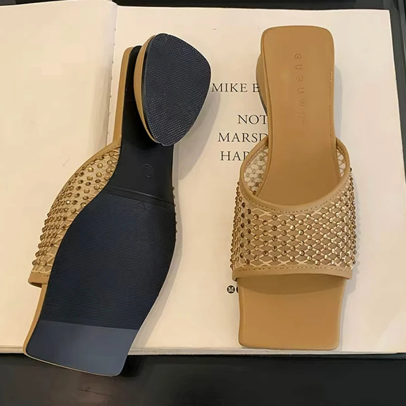 Lbsfy Summer NEW Mesh Breathable Slippers Women Rhinestone Square Toe Slides Female Footwear Fashion Sandals Ladies Zapatos De Mujer