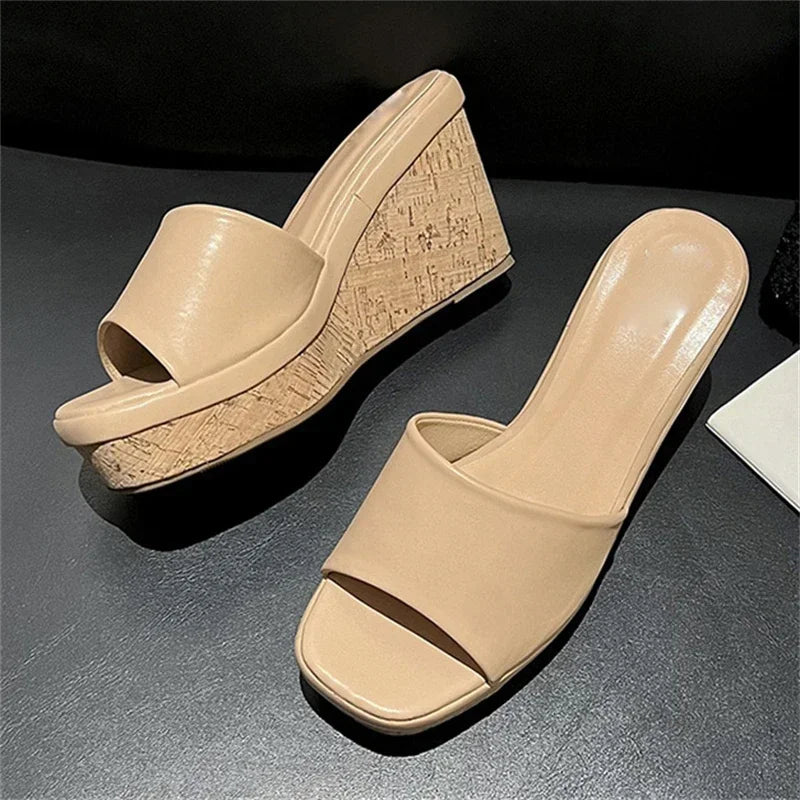 LBSFY -Summer Fashion Concise Square Toe Platform Wedge Heels Slippers Woman Female Sandals Slide Shoes Zapatos De Mujer