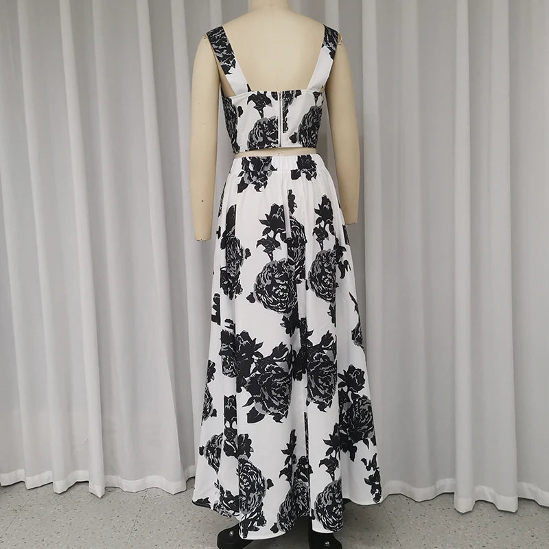 LBSFY  -   Women Two Piece Set Summer Elegant V Neck Sleeveless Backless Floral Printed Vest Top Loose Long Skirt Sets Streetwear
