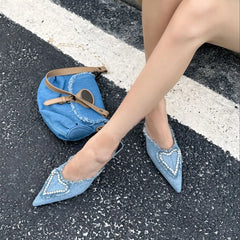 LBSFY  - Pointed Toe Women Slippers Slides Thin High Heels Outside Slides Dress Shoes Blue Rose Black Heart Shape Slip On Mules Sandals