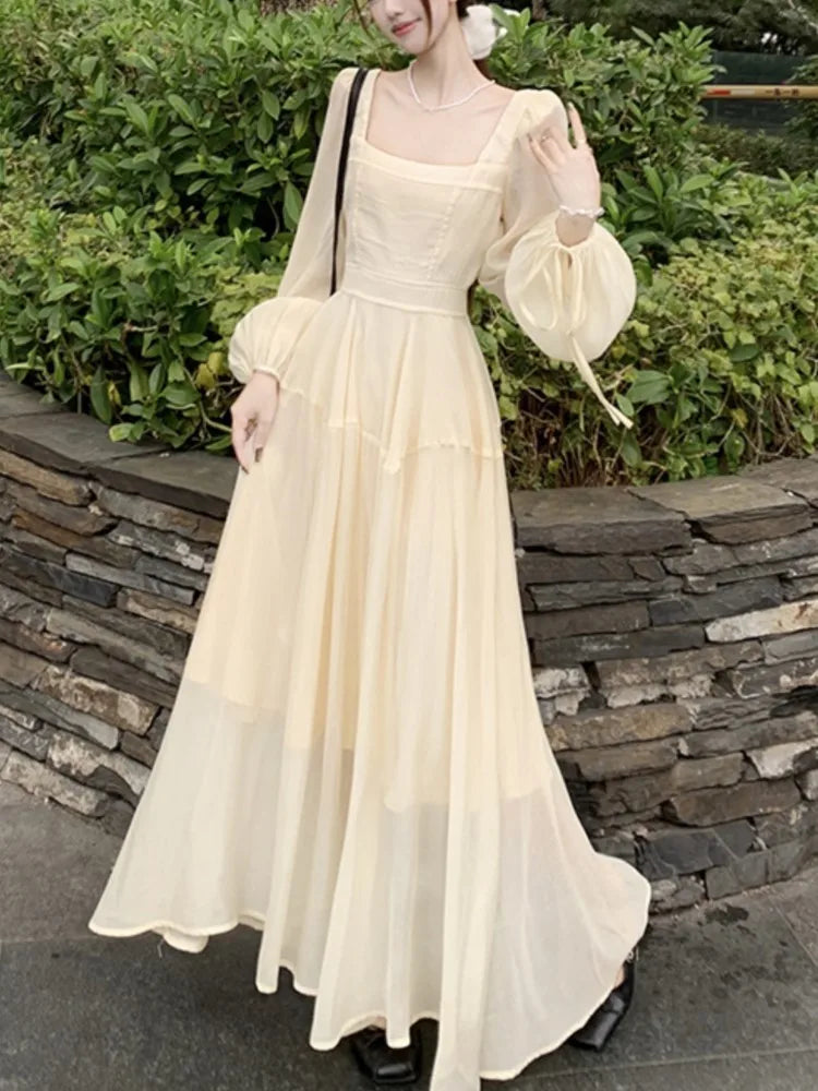 LBSFY -Fairy French Elegant Women Midi Dress Square-Collar Long Sleeve Slim Waist Dresses Sweet Casual 2025 New Mujer Vestidos Summer