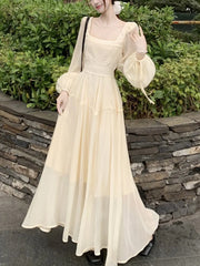 LBSFY -Fairy French Elegant Women Midi Dress Square-Collar Long Sleeve Slim Waist Dresses Sweet Casual 2025 New Mujer Vestidos Summer
