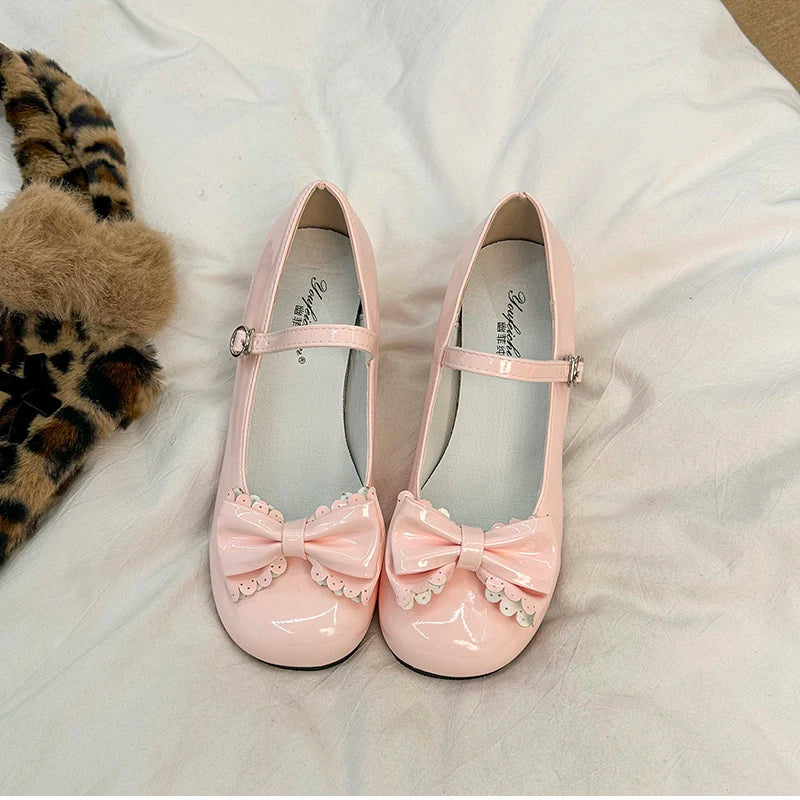 LBSFY -Cute Butterfly-knot Women Lolita Mary Jane Shoes Concise Thick Heel Leather Shoes Ladies Shallow Pumps