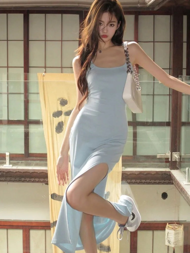 LBSFY -Women's Sexy Split Sling Dresses Summer Korean Backless Square-Collar lim Fit Midi Dress 2025 Basics Holiday Casual Clothing New