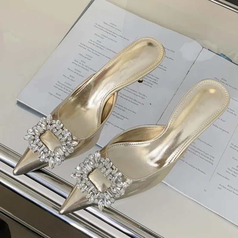 LBSFY - Fashion Crystal Thin Heels Mules Women Slippers Elegant Pointed Toe Banquet Party Prom Ladies Shoes