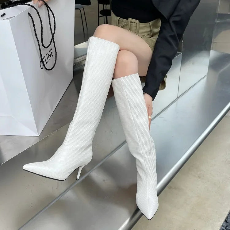 LBSFY -Sexy Gingham Pointed Toe Women Knee-High Boots High Quality Party Dress Modern Long Booties Thin Low Heels Shoes