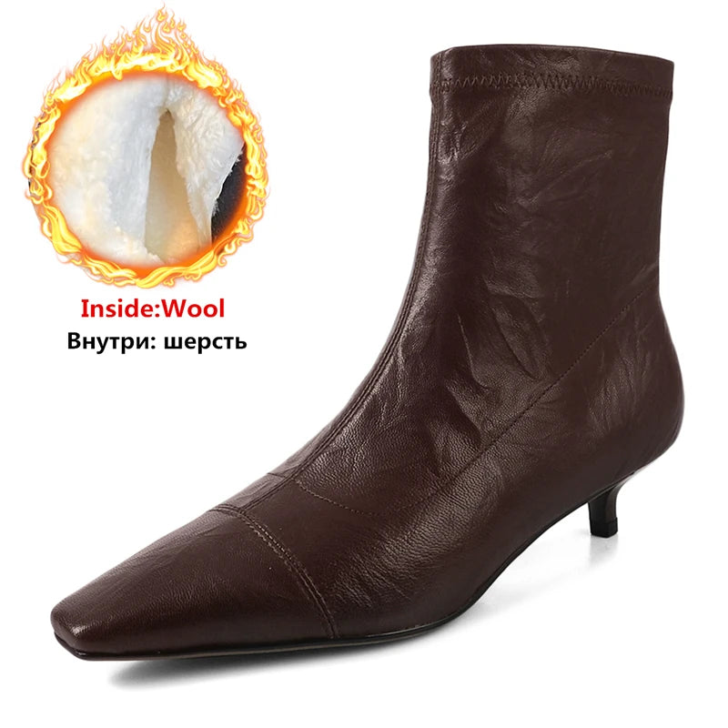 LBSFY  -  Plus Size 34-41 New Genuine Leather Boots Women Zipper Pointed Toe Mid Heels Autumn Winter Ankle Boos Wool Snow Boots