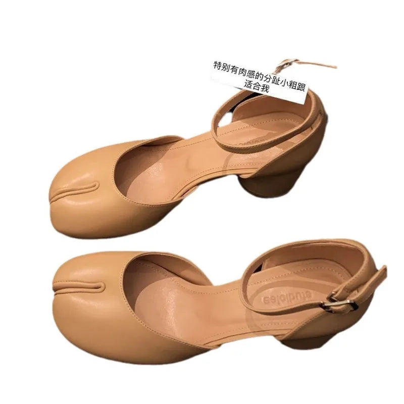 LBSFY -Fashion Tabi Ninja Shoes WomenRound Split Toe Shallow Thick Heel Sandals Single Mid Heel Mary Janes Shoes Female Pumps