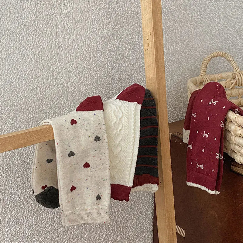 Lbsfy Women's Red Middle Tube Socks Cotton Striped Harajuku Kawaii Casual Socks Fashion Breathable Bowknot Gray Female Socks