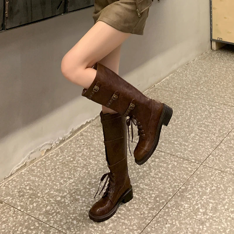 LBSFY  -  2025 New Genuine Leather Boots Women Buckle Autumn Winter Knee High Boots Ladies Motorcycle Boots Size 34-40