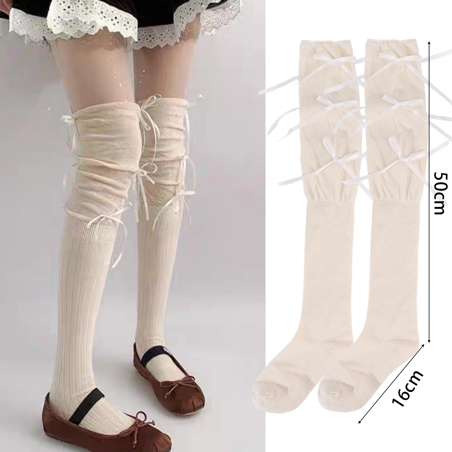 Lbsfy Lolita Long Socks Women Bandage Ribbon Bow Sweet Girls Kawaii Cute Middle Tube Socks Ballet Style Solid Color Black White Socks