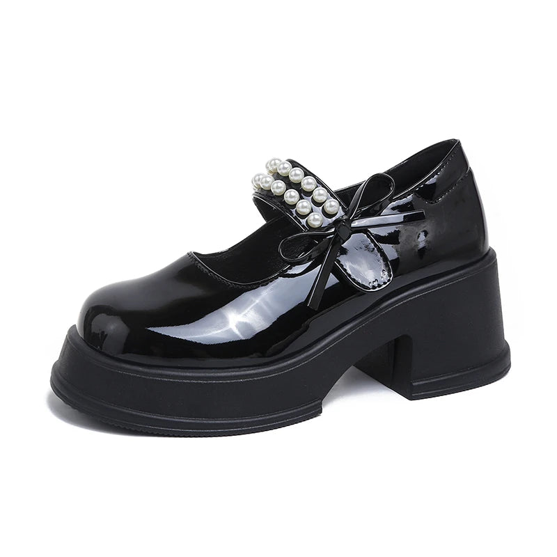 LBSFY -Vintage High Heels Mary Jane Shoes for Women 2025 Patent Leather Platform Pumps Woman Pearls Thick-Heeled Shoes Female
