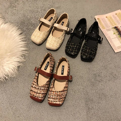LBSFY  -  New Spring Suqare Toe Flat Shoes Women Mary Jane Fashion Plaid Fabric Ladies Soft Casual Shoes Dress Flat Ballet Girl Zapatillas