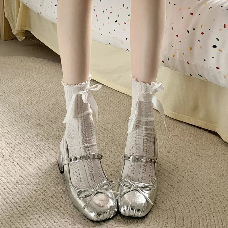 LBSFY -Silver Tweed Style Women's Pumps With Platform And Strapless Design Summer New Arrival French Mary Jane Shoes