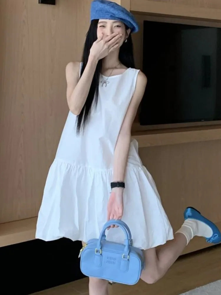 LBSFY -Summer Elegant Korean Solid Short Women's Dress Sweet Sleeveless O-Neck Loose-Fit Casual Office Lady Ball Gown Mini Skirt 2025