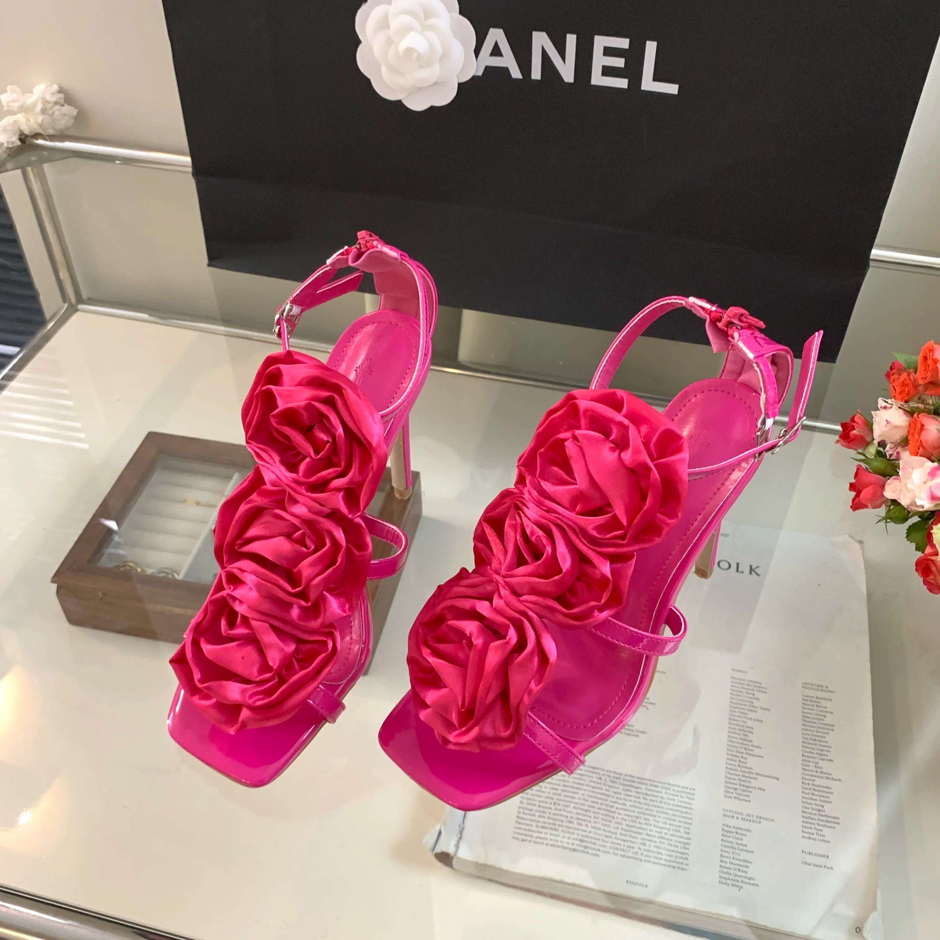 LBSFY  -  Flower Heeled Sandal Luxury Silk Rose Flower Open-toe Stiletto Women's Shoes Roman Sandals 35-40 Sizes High Heels