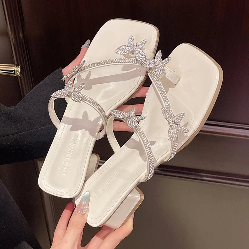 LBSFY  Fashion Silver Crystal Sandals Women Rhinestone Butterfly Thick Heel Sandles Woman Summer Med Heeled Party Shoes Female