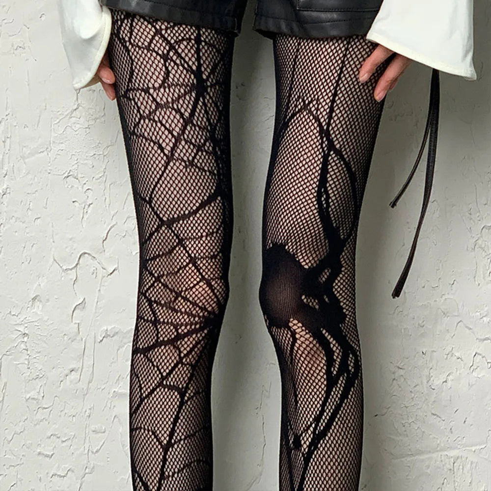 Lbsfy Punk Gothic Asymmetric Spiders Fishing Net Stockings Women Sexy Black Halloween Pantyhose Tights Cosplay Club Party Accessories