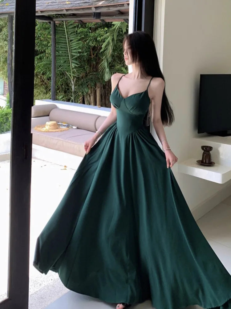 LBSFY -Women's Sexy Backless Elegant Dresses V-Neck Sleeveless Slim Waist Lace Up Strap Long Dress Summer Prom Female Clothes Outfits