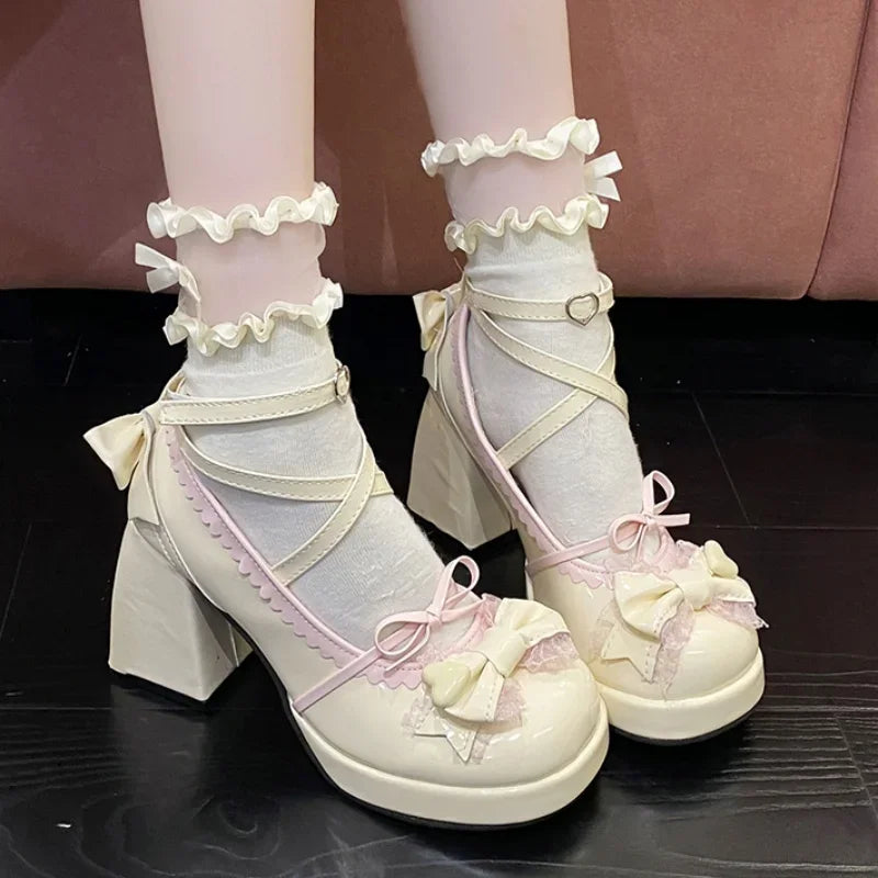LBSFY -Spring/Autumn New Style Round Toe Square Heel Increased Fashion Elegant High Heel Women's Shoes Bow Decorated Mary Jane Shoes