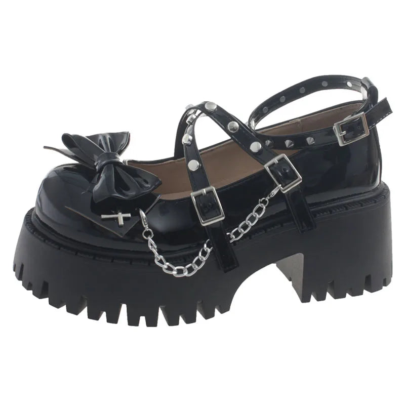 LBSFY  -  Y2K Rivet Ankle Strap Mary Janes Women 2024 New Chain High Heels Platform Pumps Woman Bowknot Thick Bottom Punk Gothic Shoes