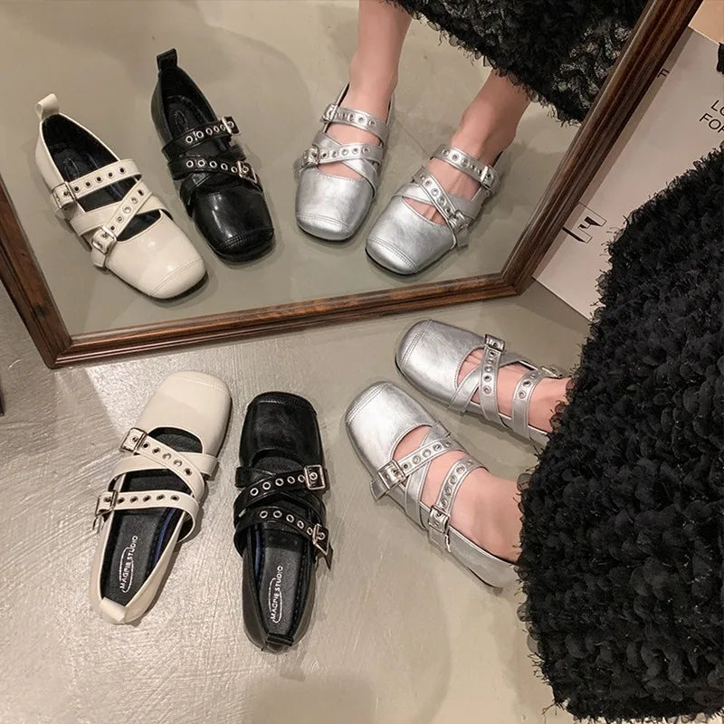 LBSFY -Designer Spring Women Mary Jane Shoes Fashion Square Toe Ladies Comfort Soft Sole Flats Women's Belt buckle Ballerinas Shoes
