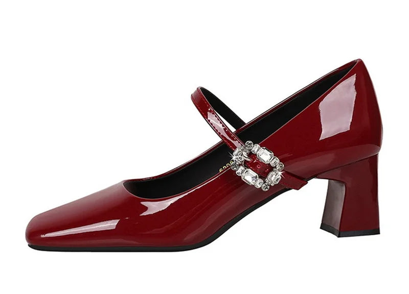LBSFY -Banquet Mary Jane Women Single Shoes Square Toe Light Mouth Patent Leather One-Striped Rhinestone Buckle Thick Heel Medium Heel