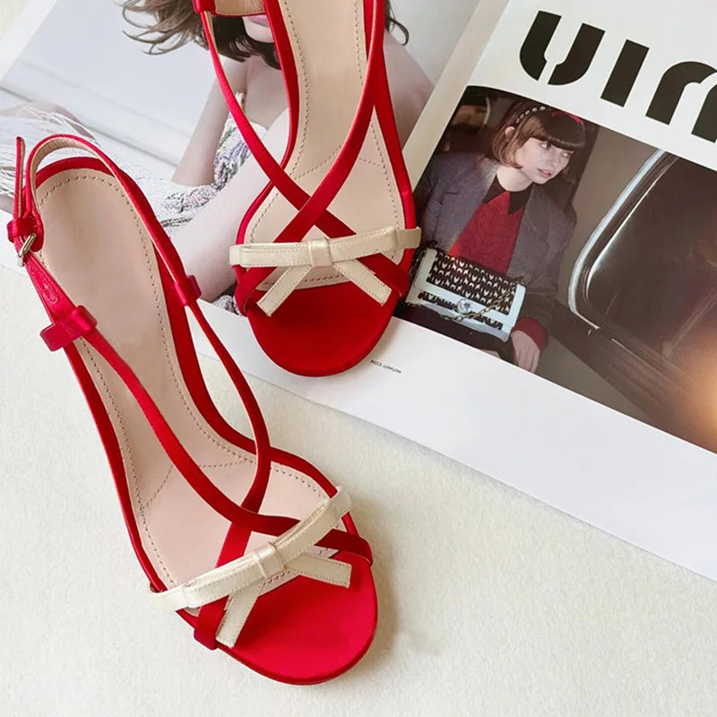 LBSFY  -  Open-toed Red Stiletto Bow Buckle with Sandals Women's Summer 2024 New Sexy Sweet High Heels