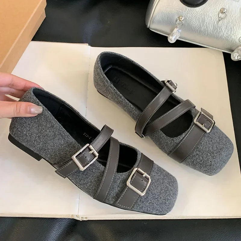 Lbsfy Belt Buckle Design Flat Mary Jane Shoes Women Comfort Soft Sole Leisure Women Shoes Shallow Fashion Elegant Ballet Shoes Female