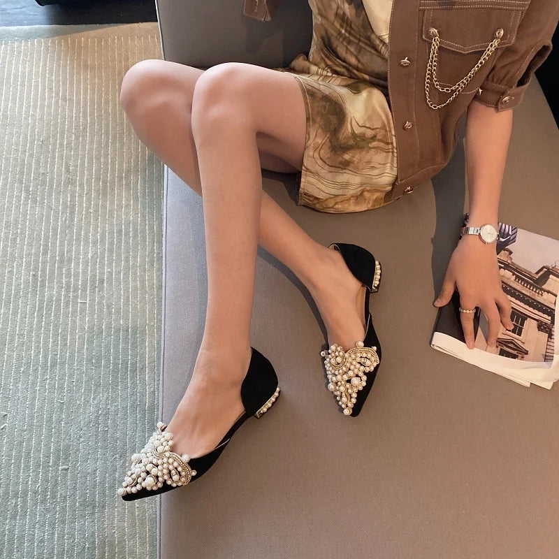 LBSFY -Black New Crown Pearl Flats Women Wedding Shoes Pointed Toe Female Dress Moccasins Low Pearl Heel Ladies Fashion Luxury Style 43