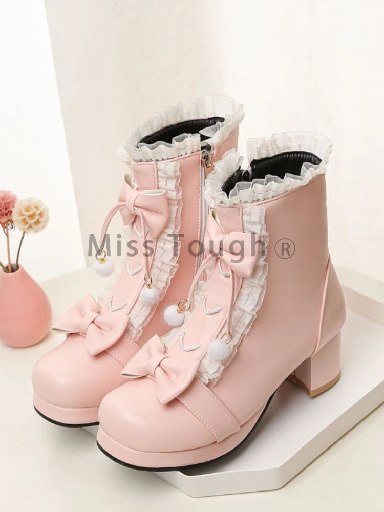 LBSFY  -  Autumn Sweet Pink New Lolita Boots Women Japanes Style High Heels Ankle Boots Female Kawai Lace Bow Design Lace-up Martens Shoes