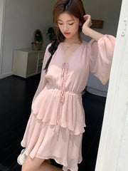 LBSFY -Elegant Fairy Casual Korean Style Women's Dresses New V-Neck Lace-up Long Lantern Sleeve Ruffles Midi Dress 2025 Holiday Vestido