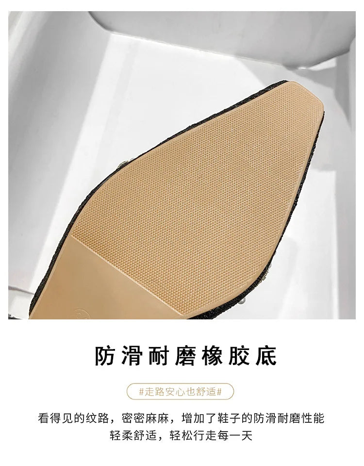 LBSFY -Pearl Half Slippers Women Shoe Autumn Rhinestone Chunky Mid Heel Slipper Sandals Fashion Muller Casual Versatile Single Shoes