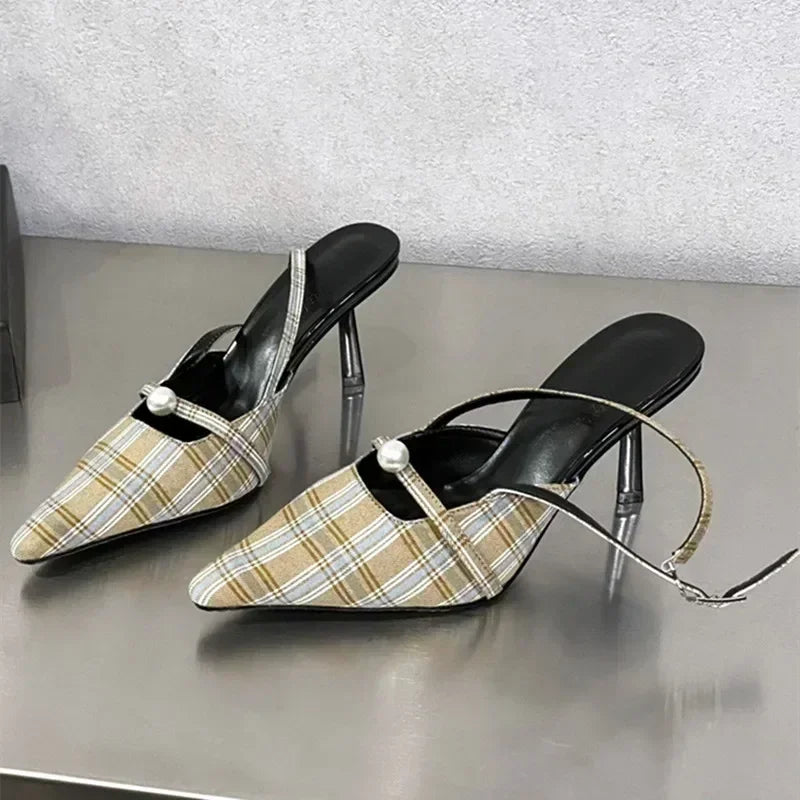 Lbsfy Pointed Toe Retro Plaid High Heels Women Elegant Slingbacks Shoes Women Pumps Sexy Office Fashion Dress Shoes Sandalias De Mujer
