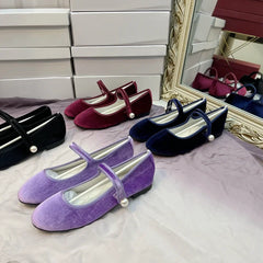 LBSFY  -  Retro Purple Burgundy Satin Pearl Velvet Mary Jane Flat Shoes for Women Ballet Flats Students Luxury Designer Shoes for Women