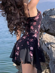 LBSFY -Summer Elegant Print Chic Ruffle Short Dress V-Neck Concert Strap Chiffon Party Dresses Women Spliced Graduation Clothes 2025