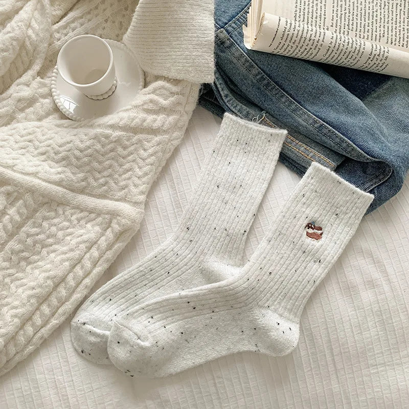 Lbsfy 2 Pairs Wool Women Socks Style Trendy Embroidery Socks Cartoon Long Style Simple Kawaii Cute Socks Dogs Breathable Comfy