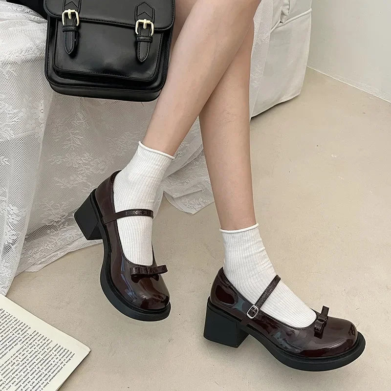 LBSFY  -  Brown Jk Uniform Shoes British Style Retro Japanese Mary Jane Shoes Women's Lolita Bow Sweet Girls Kawaii Mid Heel Cute Laofers