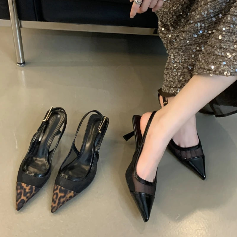 Lbsfy Leopard Sexy Pointed Toe Sandals Women Mesh Fashion Slingback Shoes Shallow Designer High Heels Dress Shoes Sandalias De Mujer