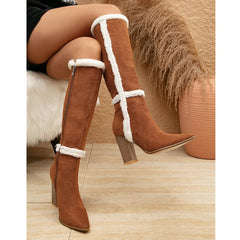 LBSFY  -  Fashion Faux Suede Brown Patchwork Women Knee High Boots Autumn Winter Pointed toe Thick High heels Warm Long Shoes Botas Mujer